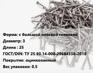 Гвоздь с большой плоской головкой 3х25 ГОСТ: ТУ 25.93.14-008-29684338-2018 оцинкованный 0.5